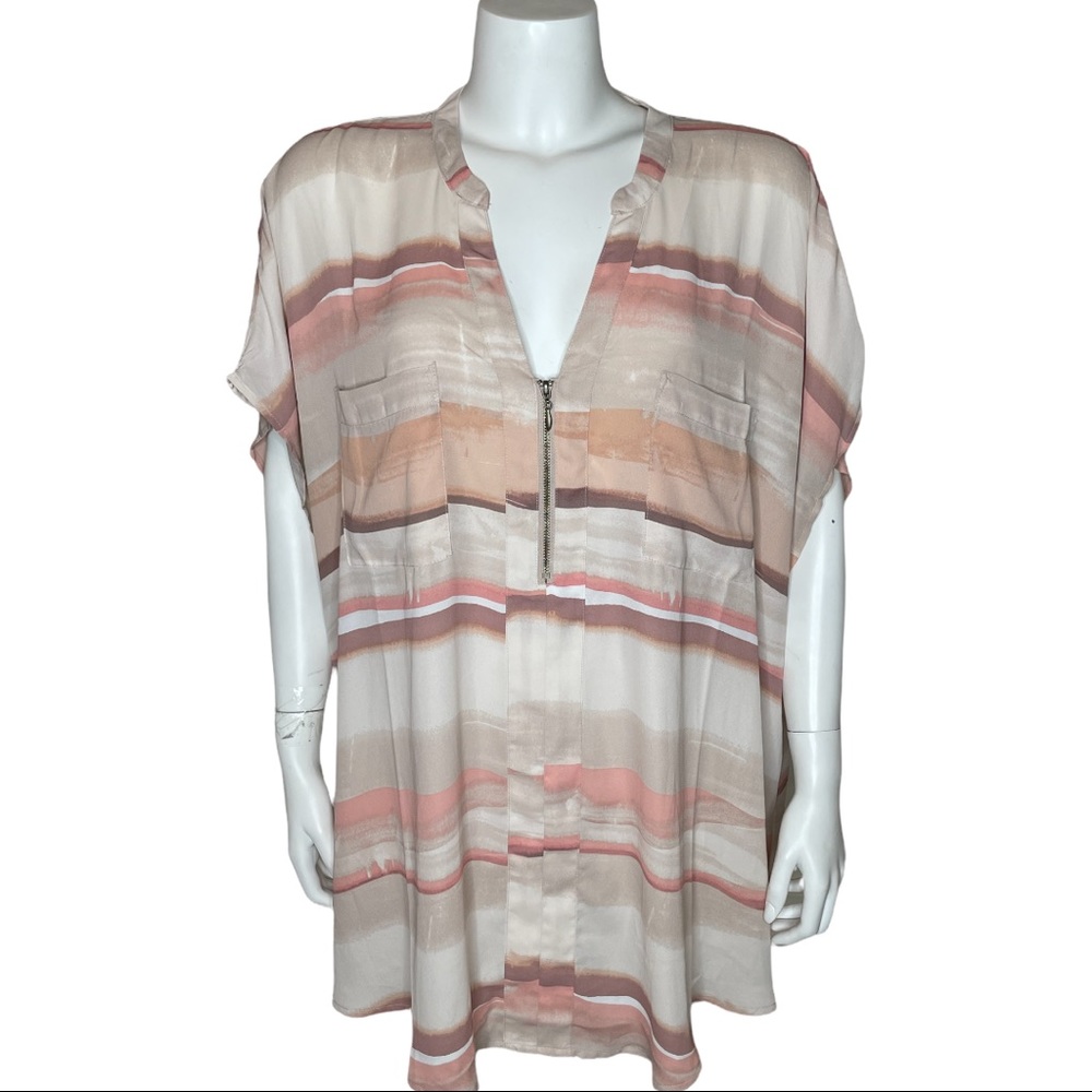 Torrid Pink Watercolor Georgette Blouse Top Zip V-neck 4X